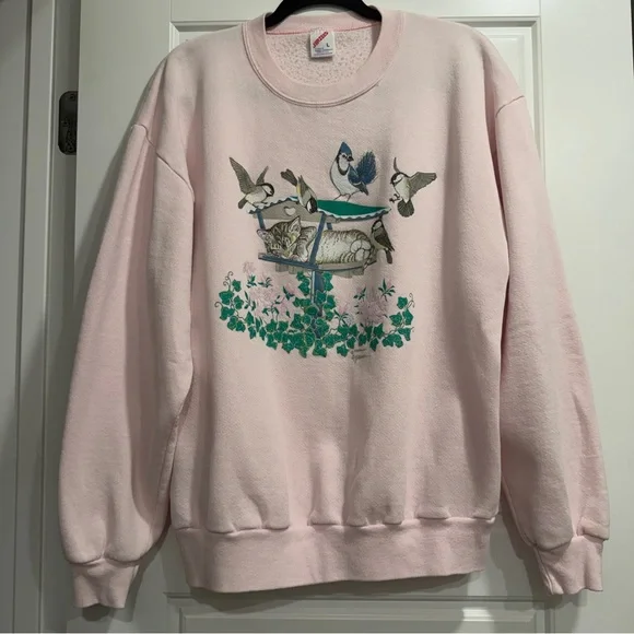 Vintage Morning Sun Crewneck Sweatshirt Womens Large Napping Kitty Birds Floral - Picture 2 of 8
